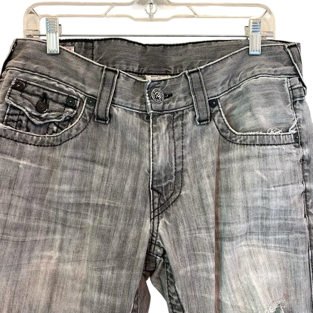 True Religion Ricky Jean Gray Wash Distressed Flap USA Straight Sz 31 Fit 32